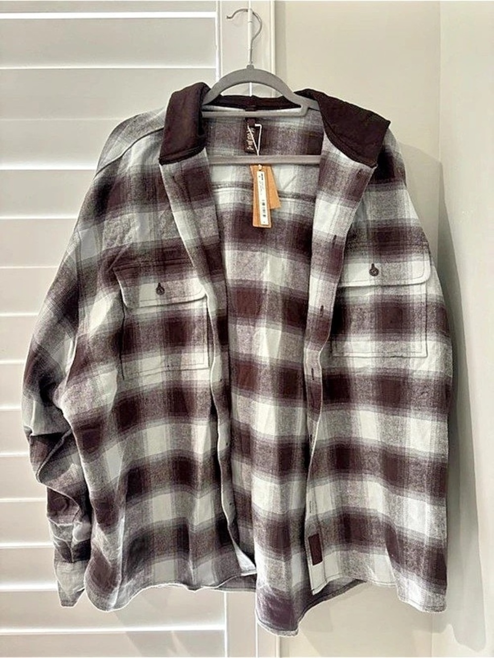 SKIMS Outdoor Flannel Oversized Hooded Shirt Plaid Gray & Black